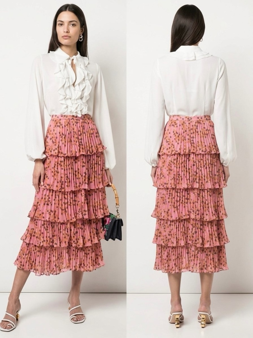NWT ALEXIS Fleura Printed Pleated Georgette Midi Skirt In Pink Floral Size XL